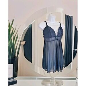 Rachel Roy Babydoll Lingerie L Blue Sheer Lacey Soft Cup Adjustable Straps Sexy